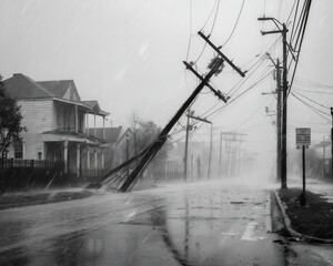 Fototapeta premium Residential Street with Fallen Utility Pole During Heavy Rainfall