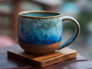 Hand-painted ceramic mug displayed on rustic wooden surface highlighting artisanal craftsmanship and unique pottery design