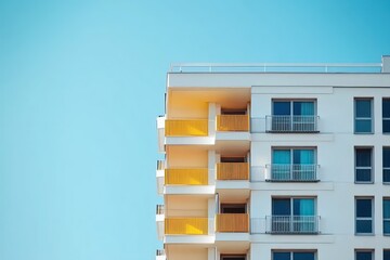 Modern apartment building with bright yellow balcony railings under clear blue sky, showcasing contrasted clean architectural lines and vibrant colors