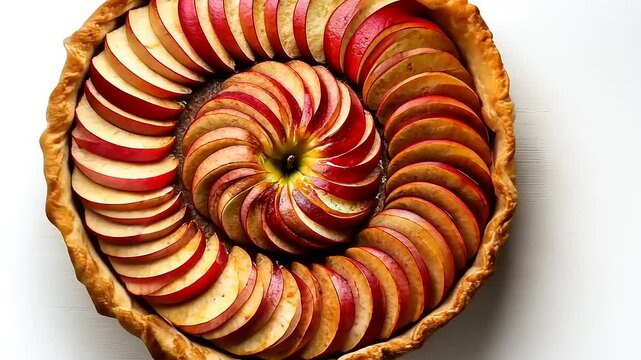 A beautiful apple tart with thinly sliced apples arranged in a spiral pattern on a golden crust