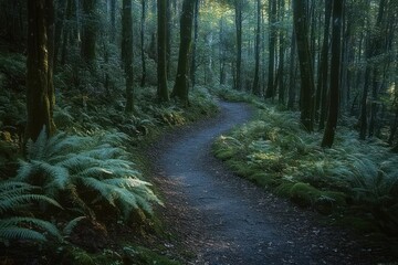 Winding path through a dense, tranquil forest with lush green ferns and tall trees bathed in soft natural light