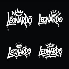 Four white leonardo name designs with crowns and dripping paint effect on a black background