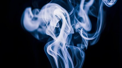 Fototapeta premium Abstract Blue Smoke Swirls on Black Background, Mystical Vapor Texture, Airy Whimsical Design, Elegant Flowing Smoke Image