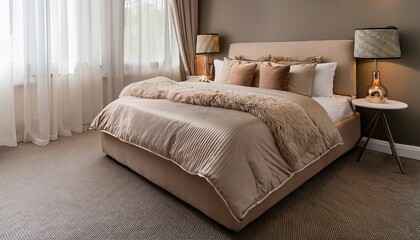 a neatly arranged soft beige bedspread on a bed with plush pillows with space around for copy and branding