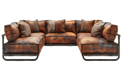 Worn Leather L Shape Sofa Seat Isolated on Transparent Background