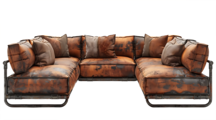 Worn Leather L Shape Sofa Seat Isolated on Transparent Background