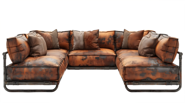 Worn Leather L Shape Sofa Seat Isolated on Transparent Background