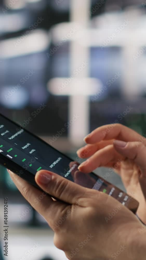 Poster vertical video close up of data center system administrator coding on tablet, doing software updates