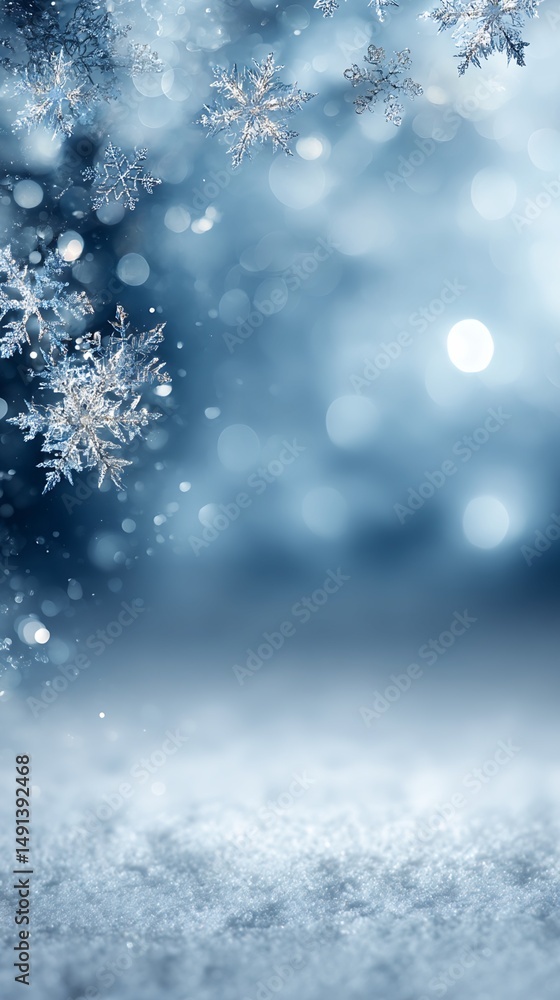 Poster snowflakes and bokeh background with snow