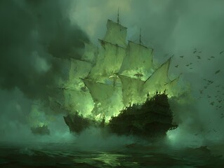 Miasma taking the form of a spectral galleon sailing through mist evokes haunting ghostly adventures and mystery