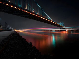 Obraz premium Nighttime bridge illuminating in long-exposure shot captures stunning cityscape glow and architectural wonder