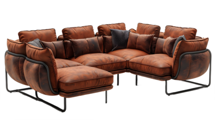 Brown Leather Couch With Bolster Pillows Isolated on Transparent Background