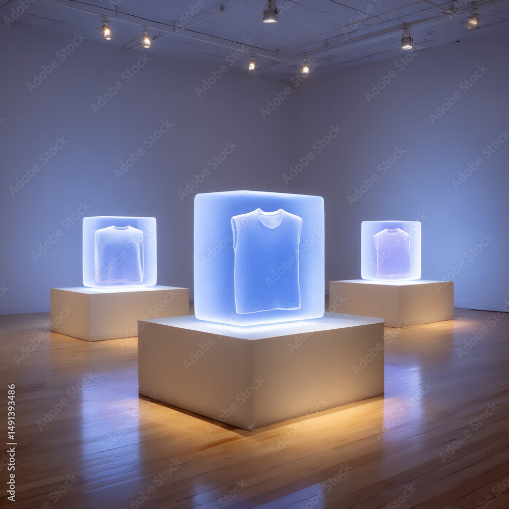 Poster futuristic retail experience with holographic product displays and interactive virtual try-on interf