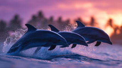Three Dolphins Leap The Sunset