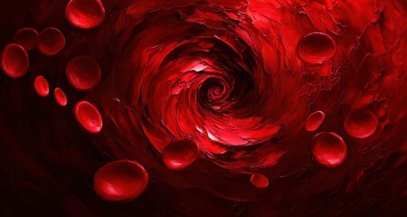 Close-up visualization of red blood cells flowing through a twisting, textured tunnel resembling a blood vessel, evoking a sense of movement and biological vitality