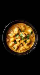 Creamy, orange curry in a dark bowl, garnished with fresh herbs, served against a black background.  Potatoes and chicken are visible