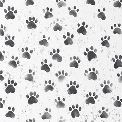 Pattern of scattered black paw prints on a white background with textured and distressed effects
