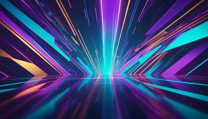 Abstract luminescent geometric shapes glow with vibrant teal, purple and gold on a reflective floor.