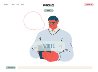 Writing people, modern flat vector concept illustration- standing man thoughtfully writing on clipboard, bubble near head Metaphor for reflection, personal insight, contemplation, creative expression