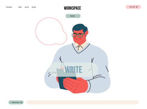 Writing people, modern flat vector concept illustration- standing man thoughtfully writing on clipboard, bubble near head Metaphor for reflection, personal insight, contemplation, creative expression