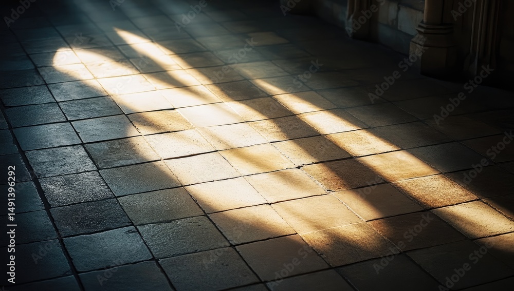 Poster sunlight streams through a high window, casting elongated shadows across a tiled floor in a dimly li