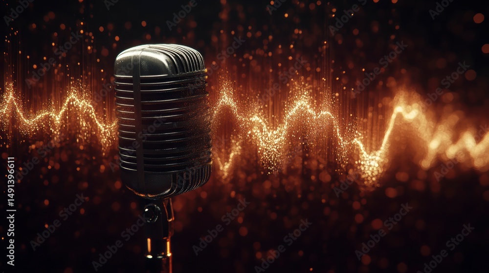 Poster retro microphone with glowing audio waveform.