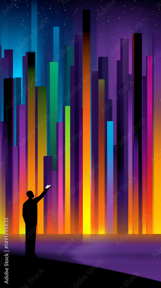Poster energetic image of a person reaching for a book on a high shelf in a vast library with towering book
