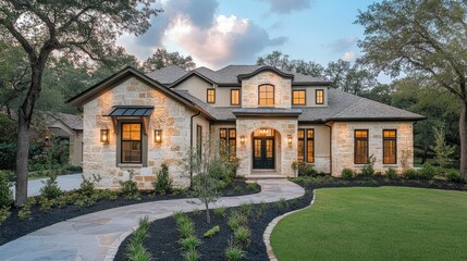 Fototapeta premium Luxury Stone House at Dusk