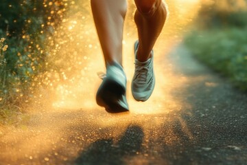 Close-up of a person running on a sunlit path with glowing particles in the air creating an energetic and vibrant atmosphere