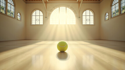 Tennis ball placed in sunlit chapel interior
