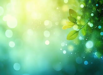 Obraz premium Close-up of fresh green leaves illuminated by soft sunlight with glowing bokeh and sparkles in a serene natural background
