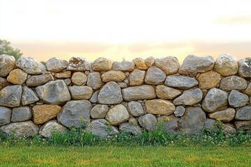 Rustic stone wall made of irregularly shaped large rocks with green grass and small yellow flowers growing at its base under a bright sky during sunset