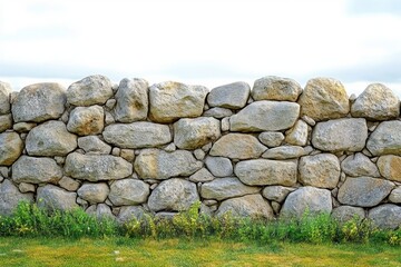 roughly stacked light gray and beige stone wall with green grass and small plants growing at the base under cloudy sky