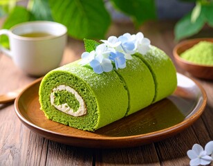 抹茶ロールと紫陽花の和スイーツ