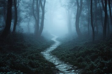 Obraz premium Winding stone path through a dense, foggy forest with tall trees and low undergrowth creating a mysterious and eerie atmosphere