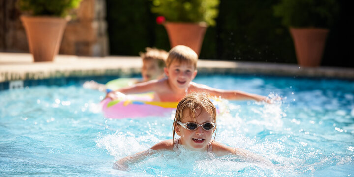 Children swimming and having fun in a sunny pool during summer vacation