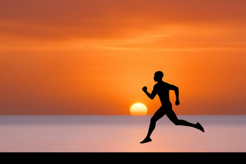 dynamic shot of a runner with a determined expression sprinting towards a finish line at sunset