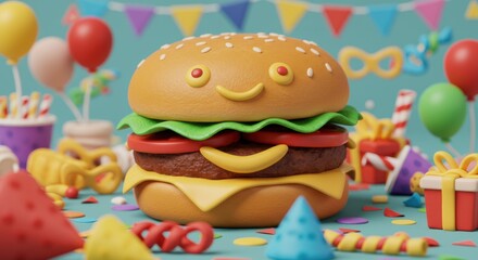 Playful and Colorful Cartoon Hamburger with Festive Party Decorations