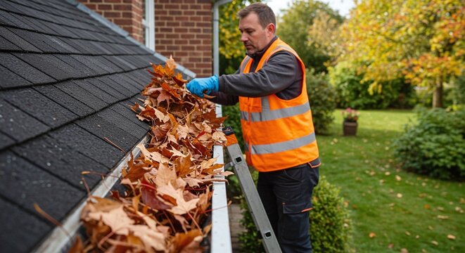 Man cleaning gutters full of autumn leaves on a ladder outdoors