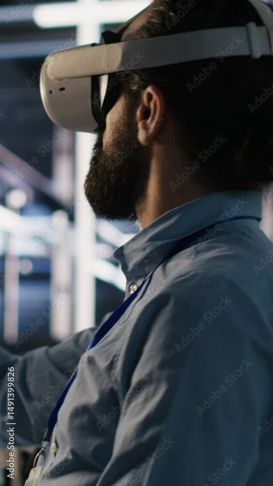 Poster vertical video data center developer using virtual reality technology to visualize artificial intell