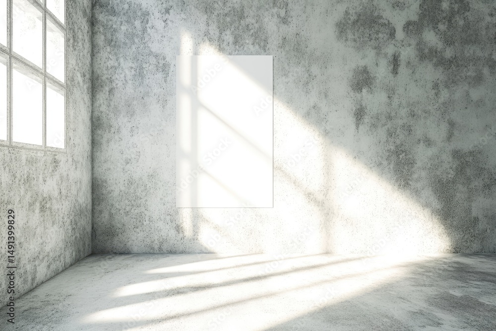 Poster sunlit, empty room with raw concrete walls and a blank vertical canvas, showcasing contrasting light