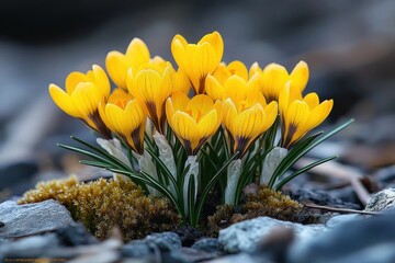 Close-up of vibrant yellow crocus flowers blooming among moss and rocks in a natural outdoor setting