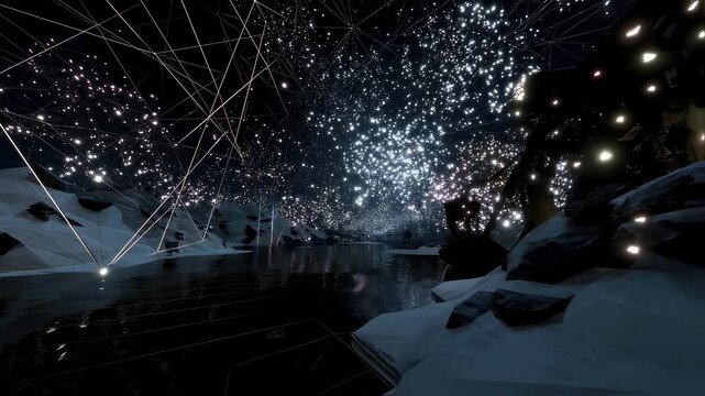 An expansive cosmicthemed virtual reality room showcases various celestial objects and puzzles where participants must collaborate to unlock clues that lead them to physical caches