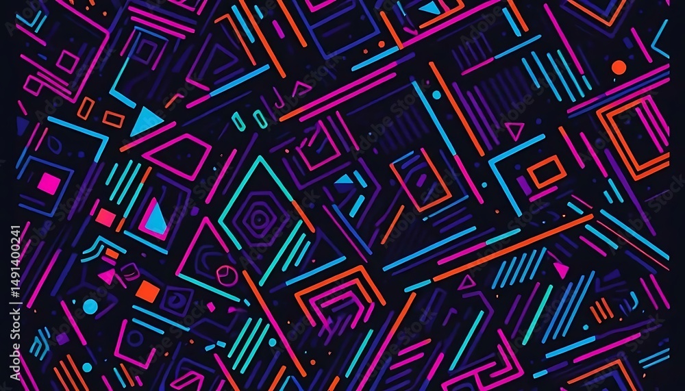 Aufkleber vibrant geometric pattern in glowing neon colors against a dark background with angular shapes.