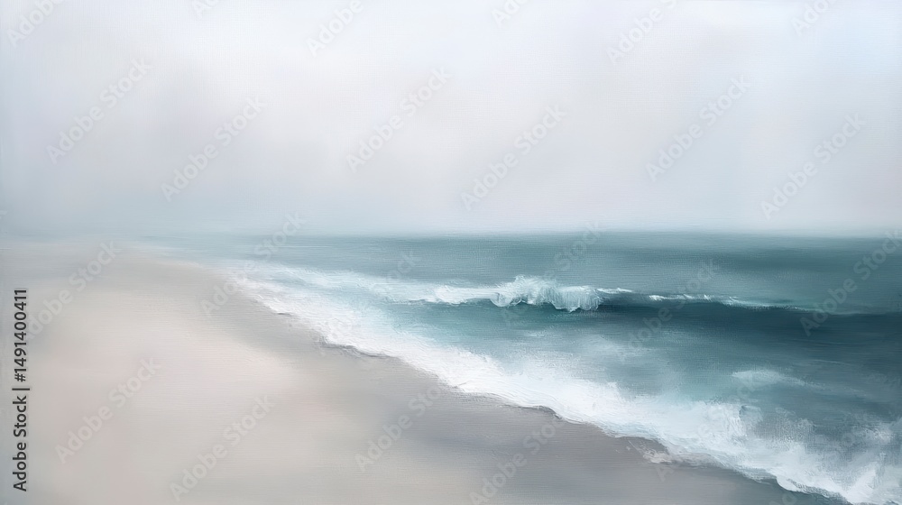 Poster serene misty beach scene with gentle waves lapping the shore.