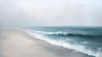 Fototapeta premium Serene misty beach scene with gentle waves lapping the shore.