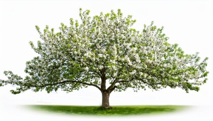 Obraz premium green full length apple blooming tree with white flower on white background