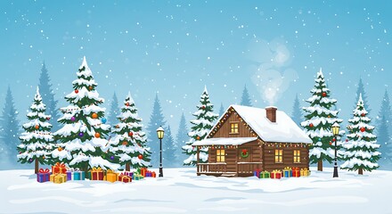 Naklejka premium Vector illustration of a winter scene with snowflakes, Christmas trees, gifts, and a cozy cabin decorated for the holidays
