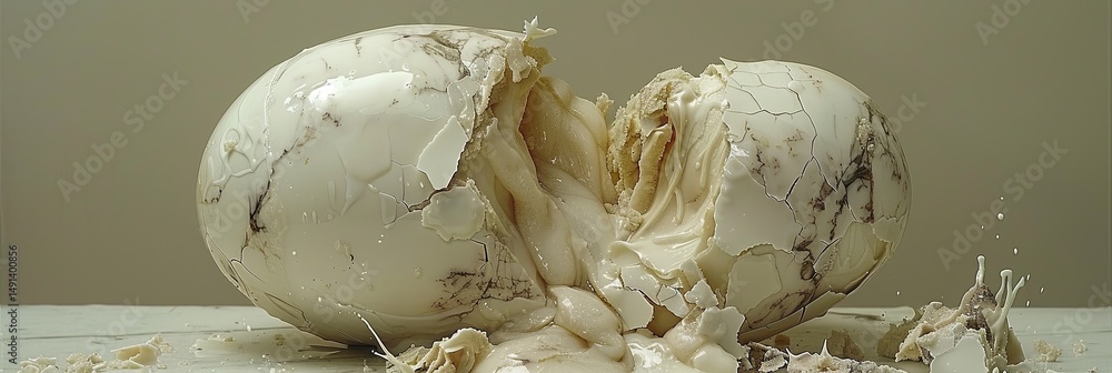 Poster cracked egg releasing creamy substance on a light background creating an intriguing visual effect an