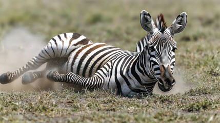 Naklejka premium A playful zebra rolls on the dusty ground, kicking up a cloud of dirt, amidst dry grass